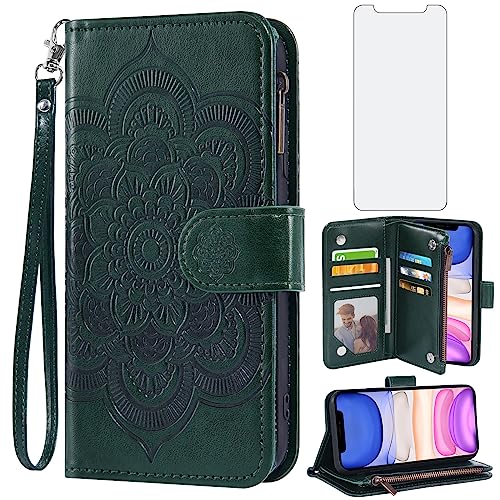 Étui iPhone 11 à rabat Asuwish en cuir avec porte-carte et verre trempé