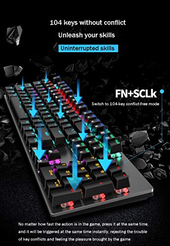 ZXJ Gaming Keyboard, Colorful Rainbow LED Backlit USB Wired Keyboard, with Blue Switches, 105 Keys (UK Layout) Anti-ghosting All-Metal Panel for Desktop, Computer, PC Gamer