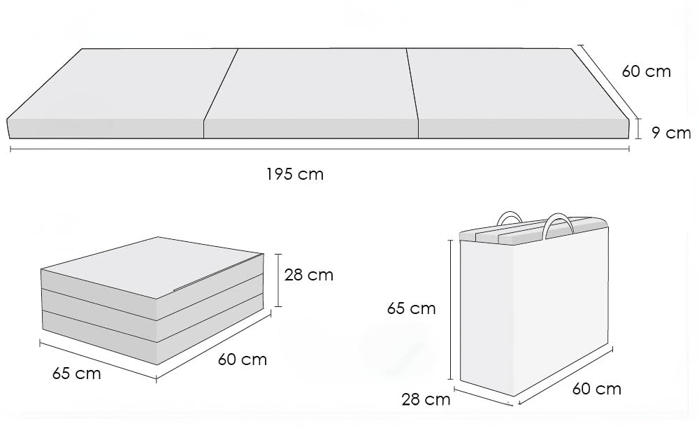 FORTISLINE Matelas pliant, motif floral, gris, 195 x 60 x 9 cm, housse lavable, 3 pièces, lit de camping, de qualité supérieure, peu encombrant, en mousse, pliable