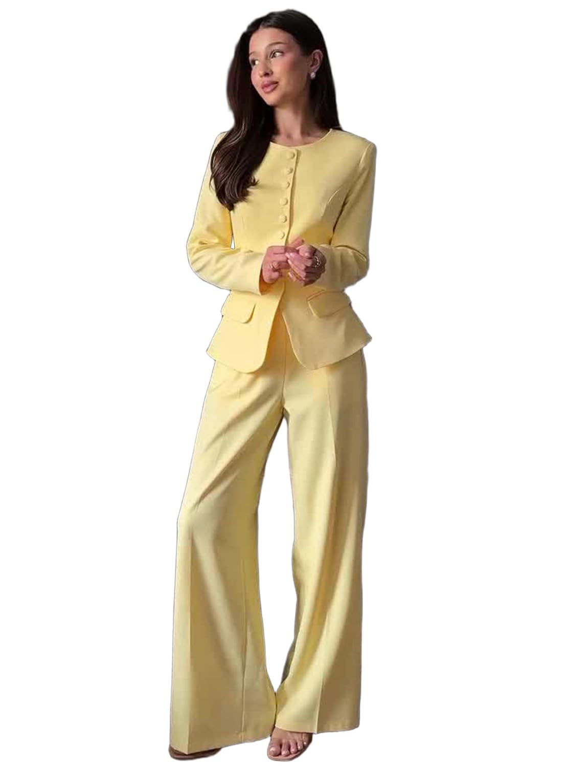 Ulnomio Womens Two Pieces Suit Collarless Single Breasted Button Jacket Pants Work Office Tuxedos