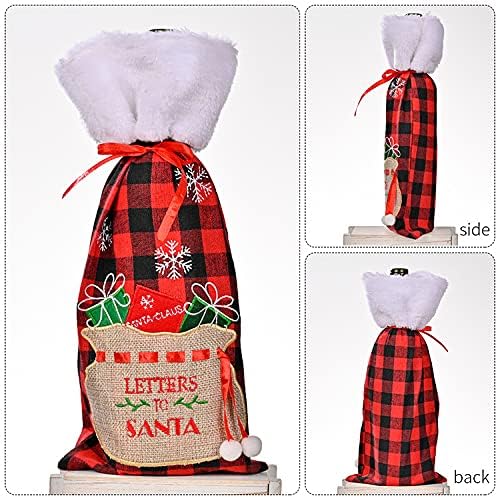 Miniatura 8 de 2 fundas para botella de vino a cuadros de búfalo navideño, suéter para botella de vino con soporte de cuello de piel sintética, bolsas para el