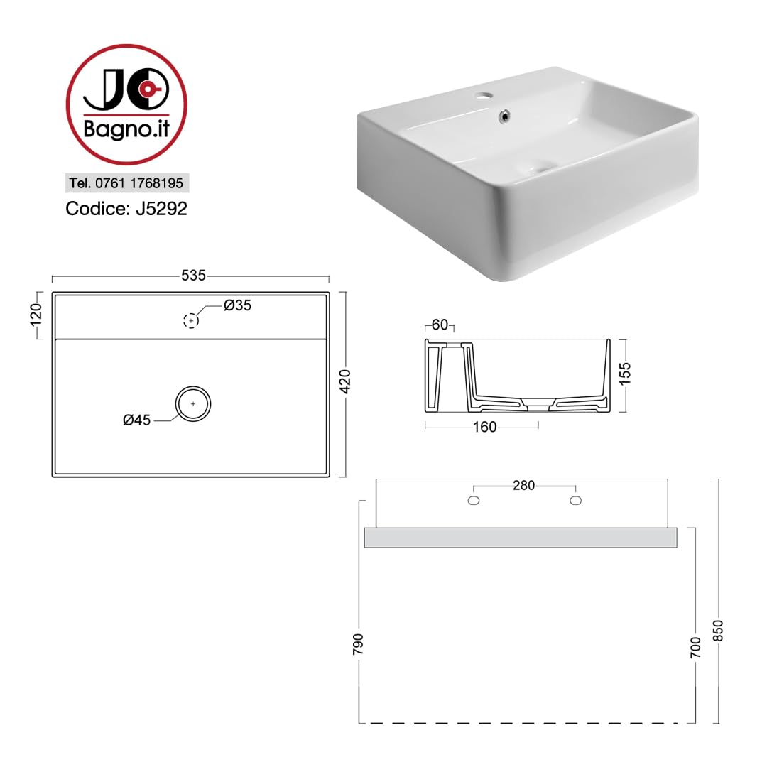 Lavabo Bagno forma Rettangolare in Ceramica Bianco Lucido Misure 53 x 42 x 15 cm - Per piani d'appoggio sospeso in bagno e mobili da toilette