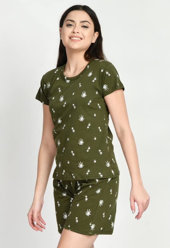 Image of IndiWeaves Cotton Printed Tops and Shorts Set Night Suit for Women (Pack of 3) Green::Caret::Red