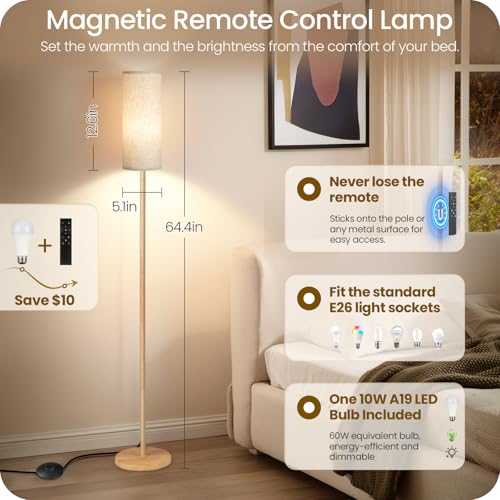 Image of 2 Pack Wooden Textured Pole Lamps, Dimmable Floor Lamp for Living Room with Remote and Foot Switch, 64.4 inch Standing Tall Lamp, Corner Light for Bedroom, Bulb Included, 3000K-6500K, XE06LDP205W1
