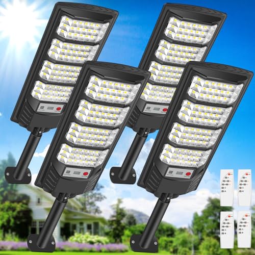 PEAKRO Farolas Solares Exterior, 600W Potente Focos LED Solar con Mando a Distancia, Sensor de Movimiento, IP66 Impermeable 6500K Luz Solar Exterior Lampara Solar Jardín para Garage Patio (4 Pack)