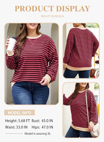 Image of Eytino Women Plus Size Striped Color Block Crewneck Sweatshirt(1X-5X) | Oversized Pullover Tops,Long Sleeve Casual Shirt,Workout & Daily Wear,2026 Fall Fashion Clothes Outfits