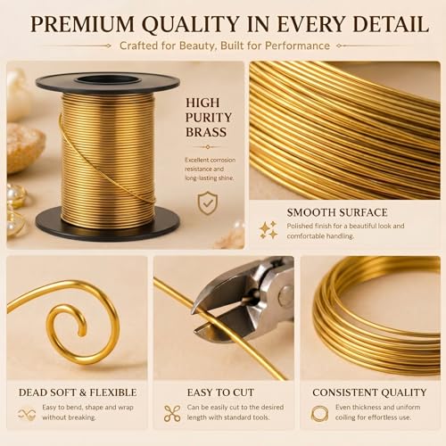 Image of Therwen 50ft 18 Gauge Brass Wire for Gardening, Electroculture, Bonsai, Jewelry Making Beading DIY Craft Pure Bare Brass Wire Spool