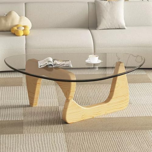 Moderna mesa de centro triangular de cristal con base de madera para sala de estar y balcón (transparente, 83 x 57 x 40 cm)