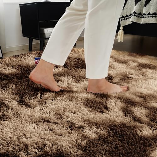 Tie-Dyed Coffee Fluffy Round Rug,Soft Area Rugs for Girls Room,Shaggy Rugs 3'X3' for Living Room,Non Slip Circle Rug for Kids Bedroom,Shag Plush Nursery Carpets,Fuzzy Rug for Dorm,Room Decor Carpet