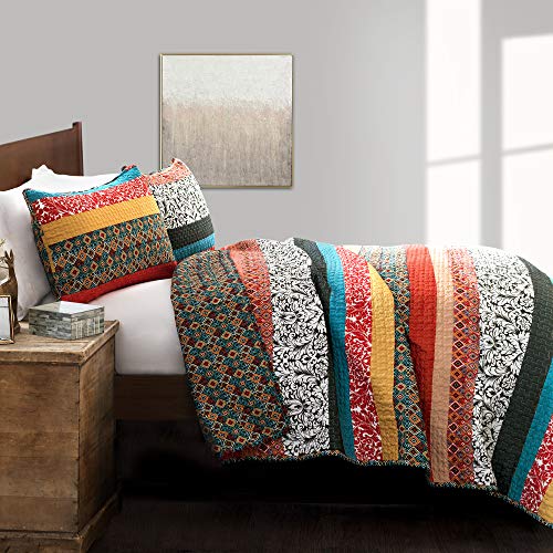 image for Lush Decor Boho Stripe Reversible Cotton Quilt 3-Piece Set, King, Turq
