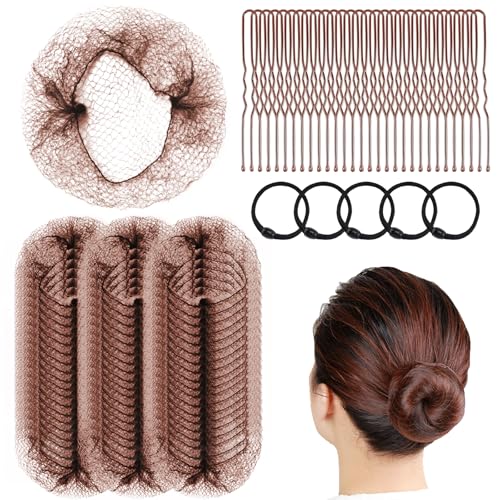 MAGDIY Hair Net 50 Pcs Invisible Hair Nets for Women and Girls Ballet Bun, 50pcs 50cm Elastic Edge Hairnets, 50pcs U Shaped Hair Pins and 5pcs Hair Elastic Bands, Perfect for Hair Bun Making (Brown)