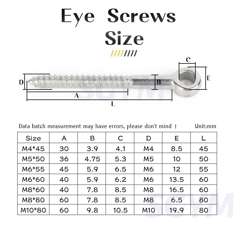 Lifting Eyebolt, Marine Grade Stainless Steel 316 Eye Shape Self Tapping Screws Eyelet Ring Hooks for Wood Terminal and Wire Rope Accessories Bolts(M5X50MM)