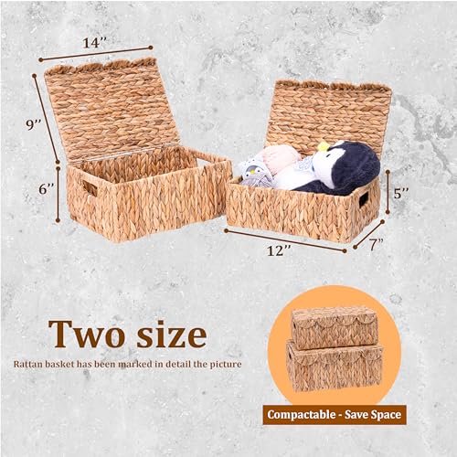 Scalloped Edge Wicker Basket with Lids, Rectangle Wicker Storage Basket with Built-in Handles, Multipurpose Organizer Rattan Display Boxes for Shelf, Nursery Room, Set of 2 - Image 6