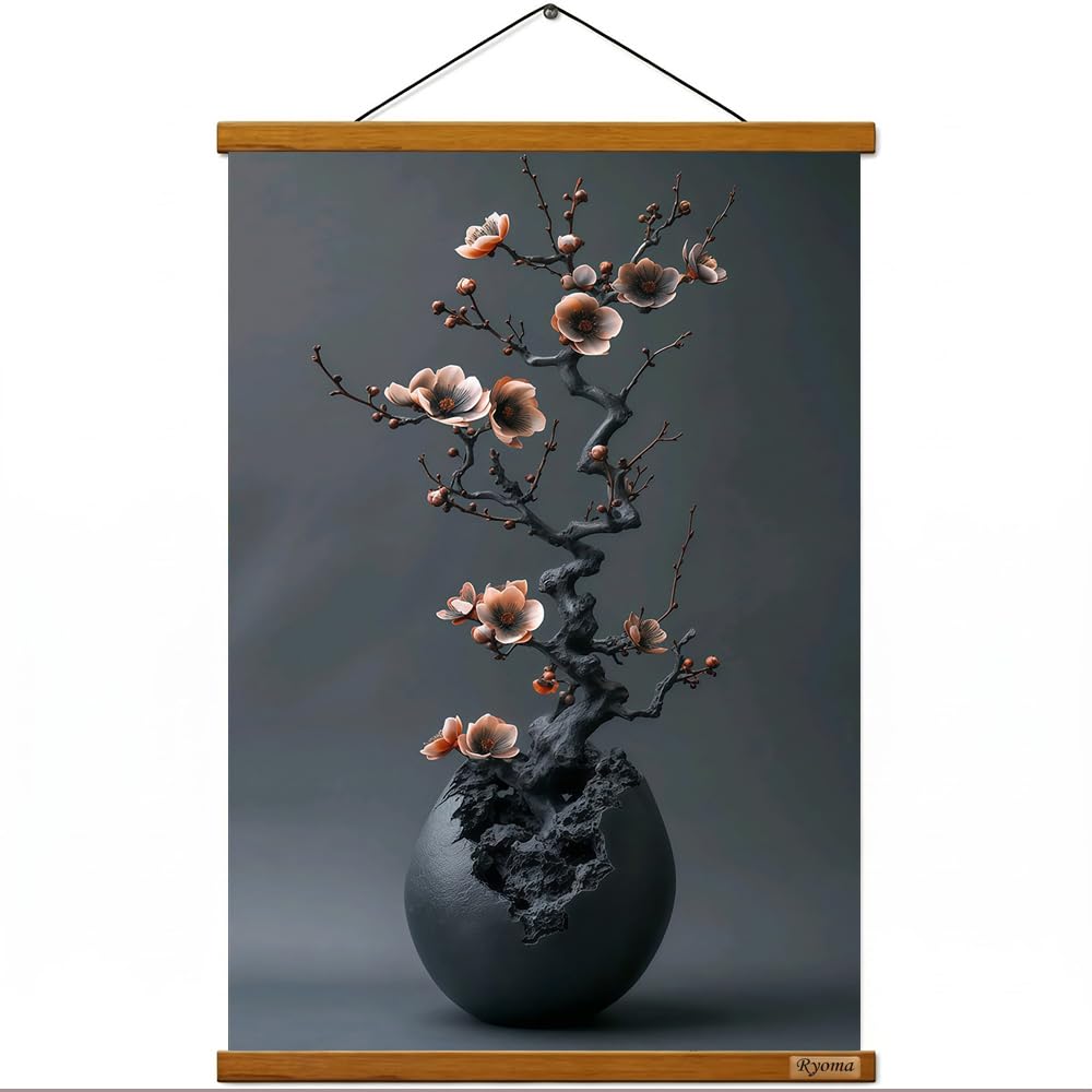 Ryoma Hanging Scroll Canvas Wall Art,Wooden Scroll Hanging Painting, HD Watercolor Print Canvas Wall Decor 16x24in (Plum Blossom)