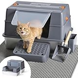Wagora Stainless Steel Enclosed Litter Box with Lid, XL Extra Large Side Entry Metal Litter Box for Big Cats, Removable Cat Litter Box with High-Sided Enclosure, Scoop, Filter Footboard & Mat, Grey