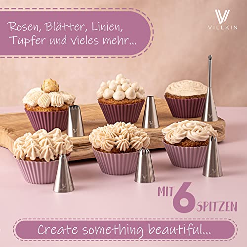 Foto von Villkin Spritzbeutel-Set 9-teilig mit 6 verschiedenen Edelstahl Spritztüllen und 34cm Spritztüte - wiederverwendbar und spülmaschinenfest - Für Dekorationen auf Torten, Kuchen und Keksen