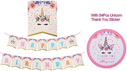 Glitter Unicorn Happy Birthday Bunting Banner + 54Pcs Unicorn Stickers Thank You Stickers Rainbow Unicorn Themed Party Favors Decorations for Birthday Party Supplies (with Sticker)