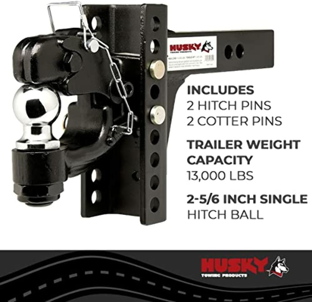 Husky Towing 33110 Pintle Hook with 2-5/16 Inch Ball 2 Inch Receiver Mount 13,000 lbs Hook Capacity Black Powder Coated Steel Solid Shank