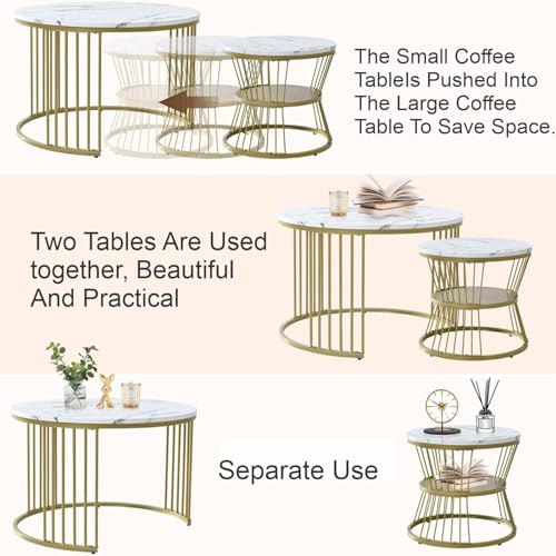 Image of Nesting Coffee Table, 20 inch Round Coffee Table Set of 2, Wooden Nesting Table with Metal Frame, Center Tables for Living Room Bedroom Balcony Bedside Table Gold White