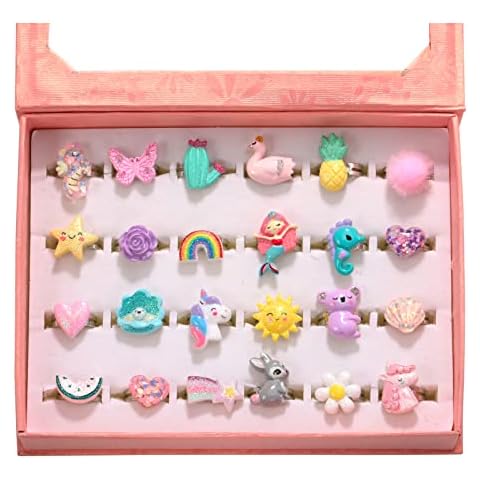 PinkSheep Little Girl Jewel Rings in Box, Adjustable, No Duplication, Girl Pretend Play and Dress Up Rings (24 Bling Ring), Acrylic,Metal Cover