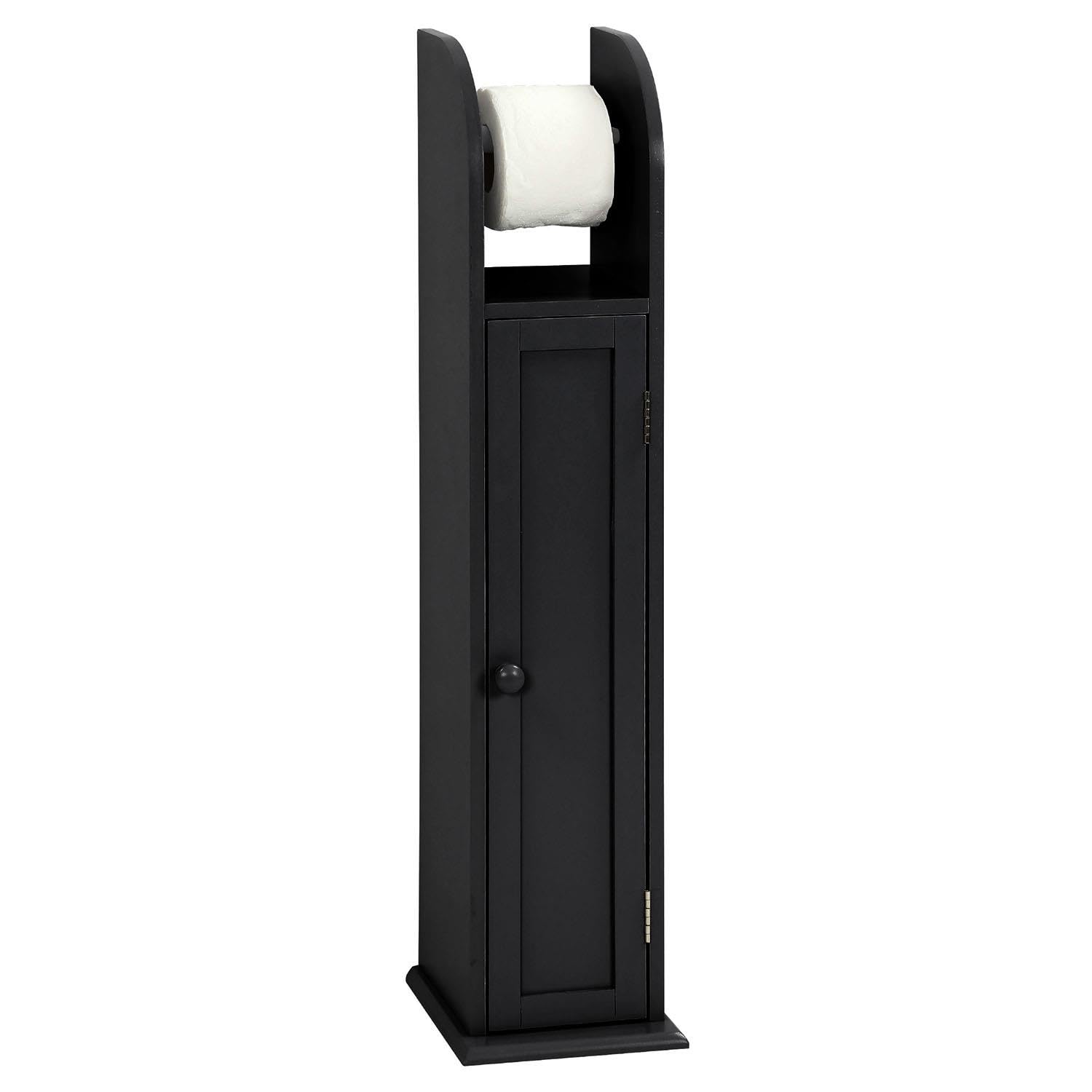 LIVHOME Wooden Free Standing Toilet Roll Holder Cabinet, Elegant Toilet Paper Holder Stand with Shelves, Slim Storage Unit for Bathroom Organization (Black)