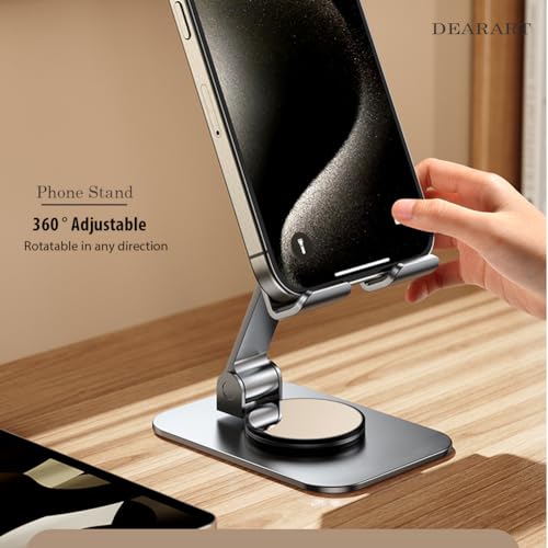 Image of DEARART Cell Phone Stand, 360 Adjustable Phone Stand for Desk, Foldable Phone Holder Fully Carried Easily, Grey (Square Base)