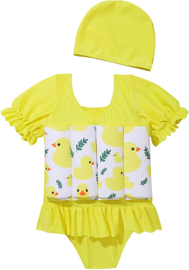 Toddler Girl Floatation Swimsuit with 8 Adjustable Buoyancy Baby Float Suit Floating Swimwear Bathing Suit with Cap