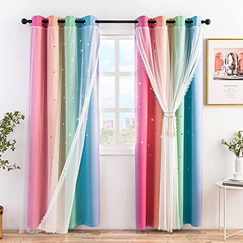 Image of Stiio 2 Panels Star Blackout Curtain, W52 x L95 inches Colorful Rainbow