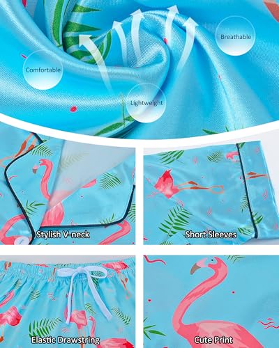 Image of Womens Silky Pajama Sets Short Sleeve Loungewear 2 Pcs Satin Soft Pj Sets Button Down Women's Summer Sleepwear