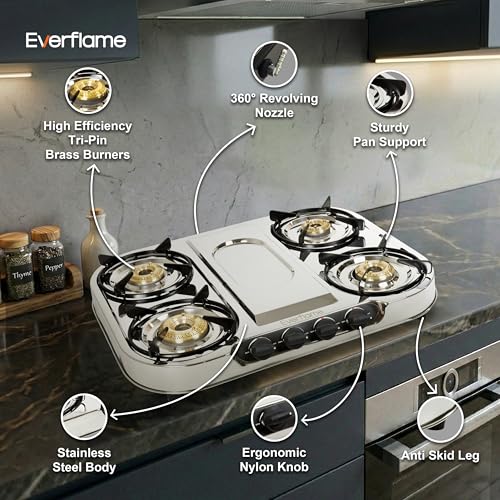 Image of Everflame Swift 4 Burner Gas Stove | Stainless Steel Body | Burners | Gas Saver Technology | Manual Ignition | 360 Brass Nozzle | 2 Years Manufacturer Warranty