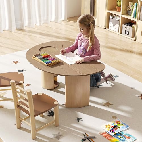 Image of Kids Table Activity Table with Storage, Toddler Art Table for Kids Ages 3-8, Solid Wood Train Tables Desk for Drawing /Crafting, 39 inch L Half-Moon Play Tables for Boys /Girls /Classroom, Natural