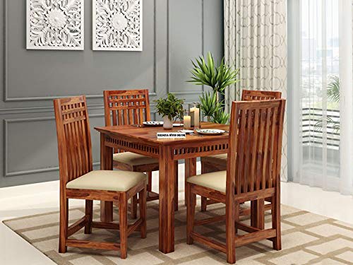 Image of Krishna Wood Decor Solid Sheesham Wood 4 Seater Dining Table | Four Seater Dinner Table with 4 Cushions Chairs | Dinning Table Set 4 Seater for Living Room | Wooden Table & Chairs Set | Teak Finish