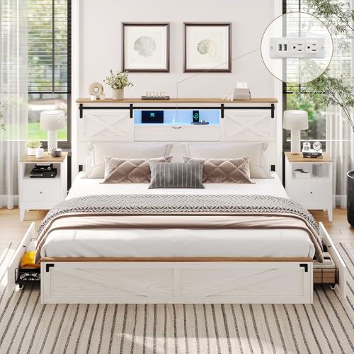 Hasuit Farmhouse Bed Frame King Size with Storage Bookcase Headboard, Wooden King Bed with LED...