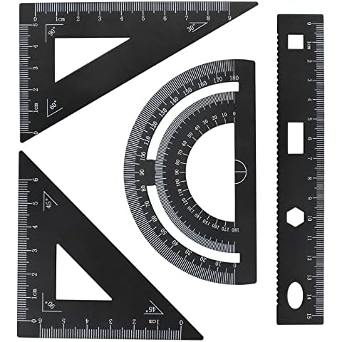 inodiref 4 Pieces Aluminum Alloy Ruler Set Math Ruler Geometry Tool Set Scale Ruler Protractor Student Supplies 4 In One Measuring Ruler for Teacher Student Drawing and Measurement Black Cover