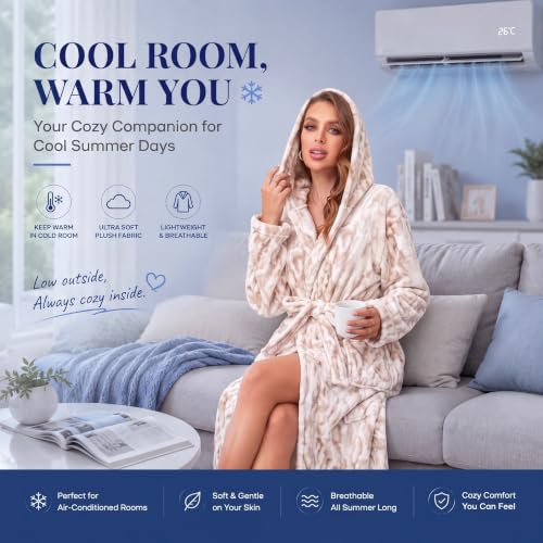 Image of RONGTAI Womens Robes Plush Fleece Hooded Bathrobe Thick Nightgown with Pockets Fluffy Sleepwear