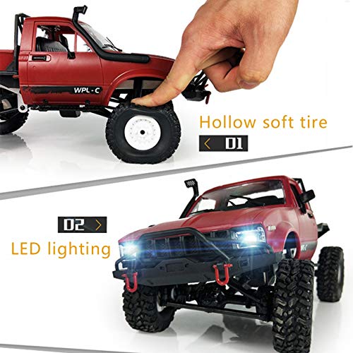 Yikeshu Rc Truck Remote Control Rock Crawler Off-Road Racing Vehicles 1:16 2.4G 2Ch 4Wd Offroad Rc Crawler Kids Toy Climb Semi Truck Rtr Trailer Led Lights Red (Wpl-C14) #TOP2