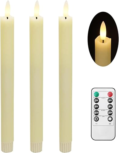 Velas cónicas parpadeantes sin llama con control remoto, candelabros LED de 10 pulgadas, llama 3D realista con mecha, cera real marfil, decoración