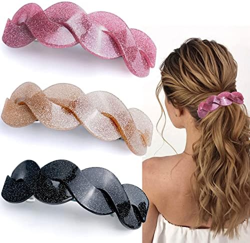 3 Pieces Large Barrettes for Women, Interweave Wider Hair Clips Hair Accessories for Thick Curly Fine Updo Hair (Glitter)