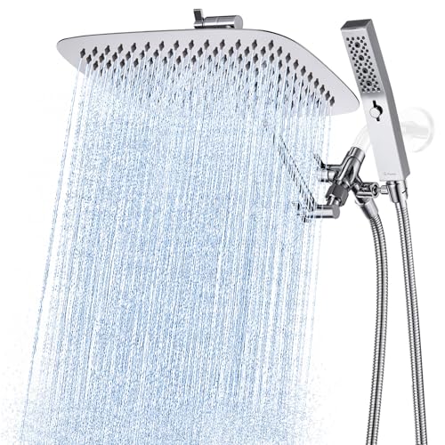 G-Promise All Metal 12 Inch Dual Square Shower Head with Handheld Spray Combo, Rain Shower Head, Adjustable...