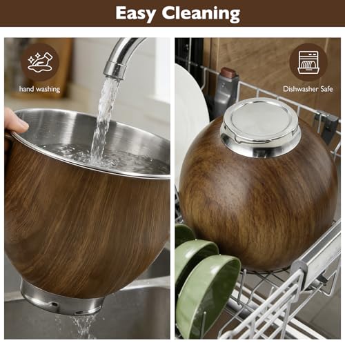 Image of Stainless Steel Mixer Bowl, Compatible with KitchenAid 5 Quart Tilt-Head Stand Mixers, Fit for K45, KSM75, KSM90, KSM150, Wood Texture, Heavy Duty, Dishwasher Safe, No Residue