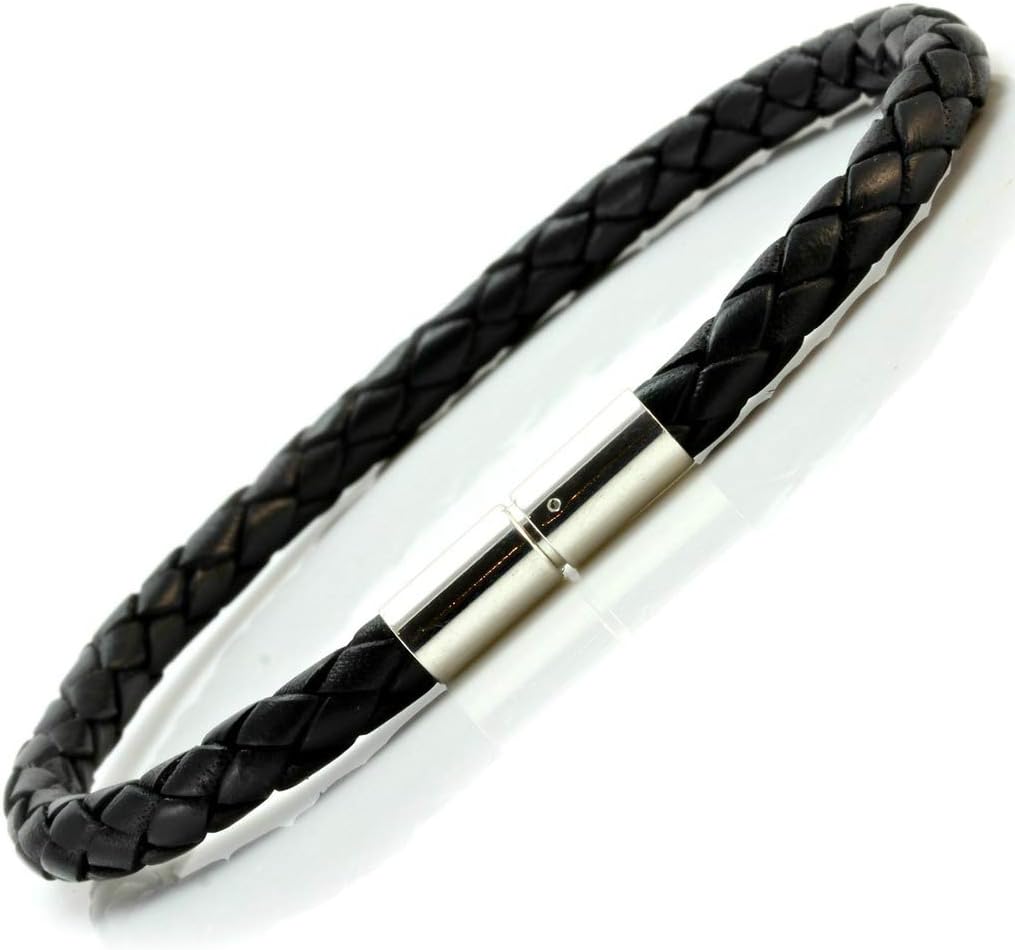 Mens Black Leather Bracelet with Sterling Silver Twist Clasp-5mm Braided Cord 7-9 Inches