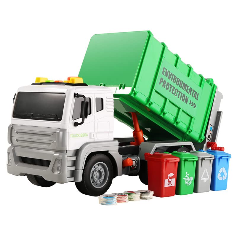 Hanzete 12.5" Garbage Truck Toy with Lights and Sounds, Friction-Powered Waste Rubbish Lorry Truck Recycling Truck Toy Vehicle Set with 3 Bins, Back Bump Function, Educational Kids(1:12)