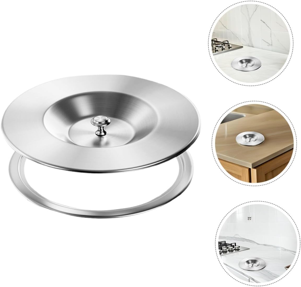 PRETYZOOM Stainless Steel Recessed Trash Can Lid with Grommet Flap, round Countertop Garbage Can Cover for Kitchen Cabinet Sink, 304 Metal Waste Container Lid Set