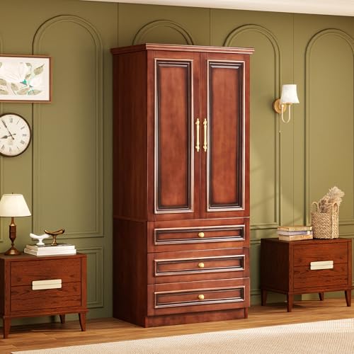 Solid Wood Armoire Wardrobe Closet: 70.87" Wardrobe Cabinet Storage,Clothes Organizer with Doors,Shelves,Hanging Rods and Drawers,American Style Freestanding Bedroom Cherry Red Finish - Image 4