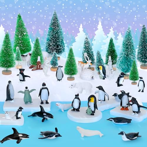 41 Pcs Arctic Animals Figurines Set Diorama Kit Includes 21 Polar Animals Figurines 16 Mini Pine Trees 1 Fake Snow Blanket 2 Foam Boards 1 Blue Tissue Paper Artic Diorama Supplies School Winter Decor