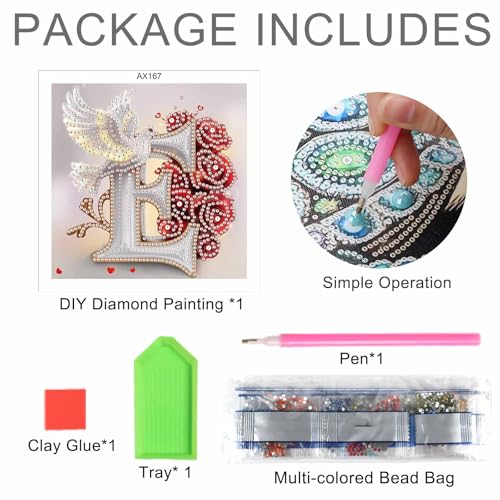 Image of AiYuanzsh 5D Diamond Art Kits for Adults Letter E, Exquisite Floral Rose & Dove Special Shape Diamond Painting, DIY Alphabet Diamond Art for Home Wall Decor 17x17cm