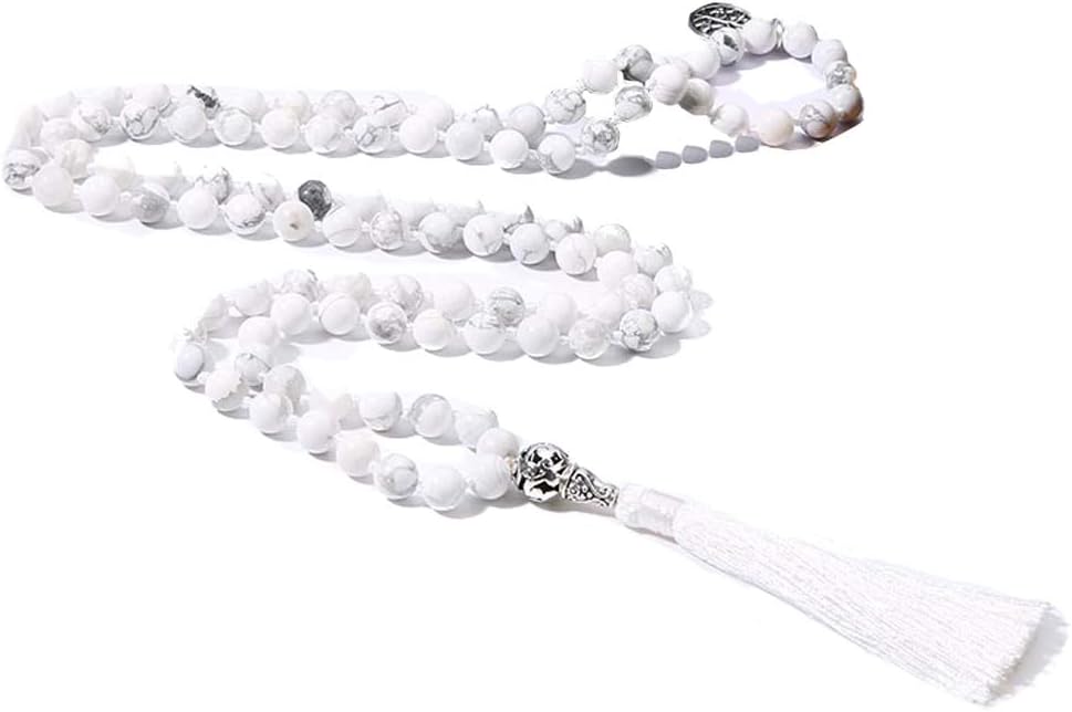 BALIBALI 108 Mala Beads Necklace Semi-Precious Gem Stones Meditation Necklace 108 Hand Knotted Japa Mala Beaded Tassel Necklace with Tree of Life Pendant