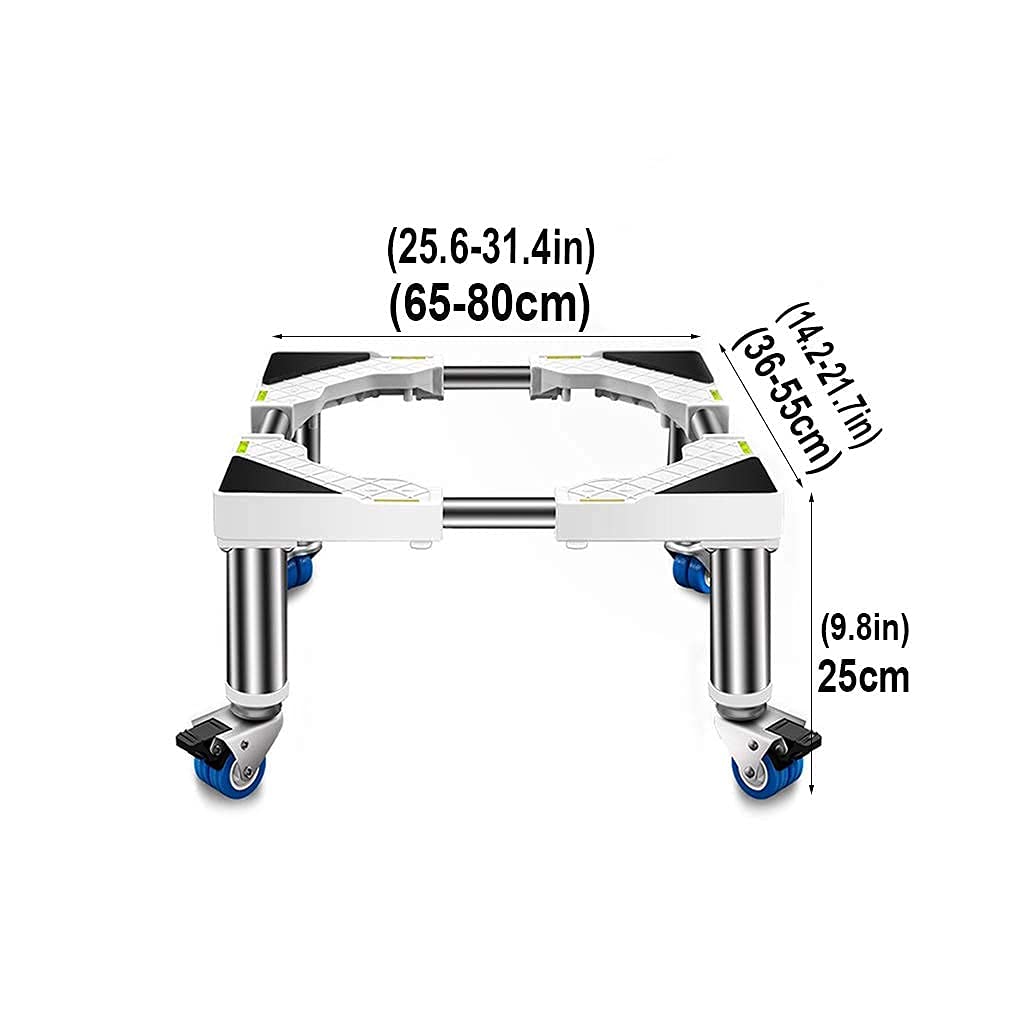 Base per lavatrice con 4 ruote di bloccaggio, lunghezza regolabile 65-80 cm, vassoio mobile per asciugatrice e frigorifero, rullo per mobili resistente per un facile spostamento, bianco