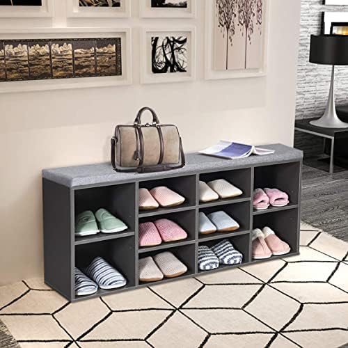 COSTWAY Shoe Storage Bench, 10 Compartments Shoe Organiser Seater Stand with Cushion, Hallway Entryway Bedroom Living Room Shoes Rack Stool, 104 x 30 x 48cm (Grey)