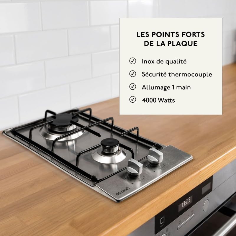 BELDEKO Plaque Gaz 2 Feux Domino 30 cm 4000W Inox - Marque Française